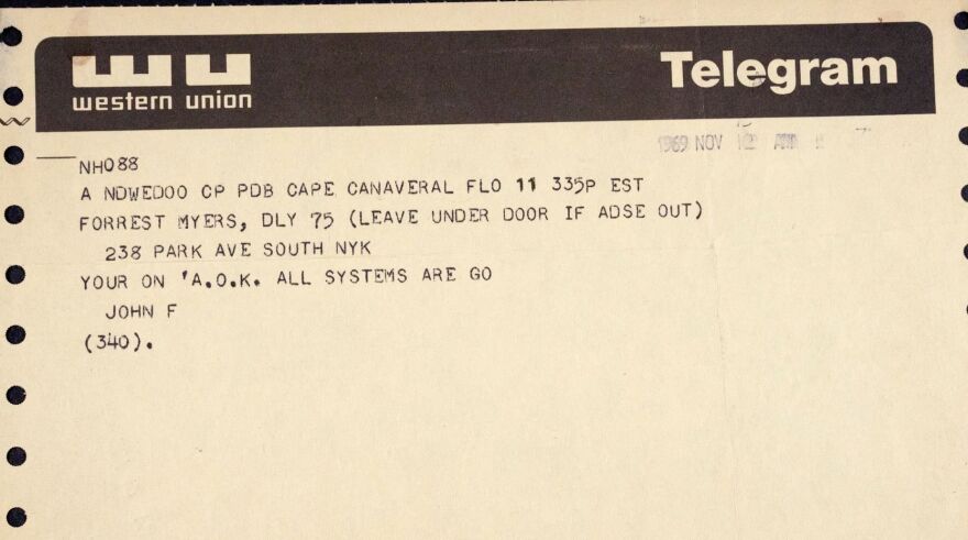 The telegram received by artist Frosty Myers confirming that the Moon Museum chip made onboard Apollo 12.
