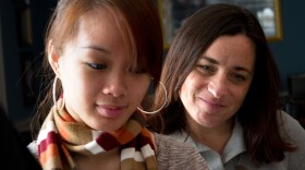 Nga Truong (front) meets with social services advocate Lisa Gigliotti. Truong says she's struggling to rebuild her life after nearly three years awaiting trial for murder.