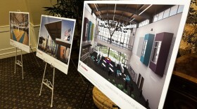 An image of three different renderings of a new building.