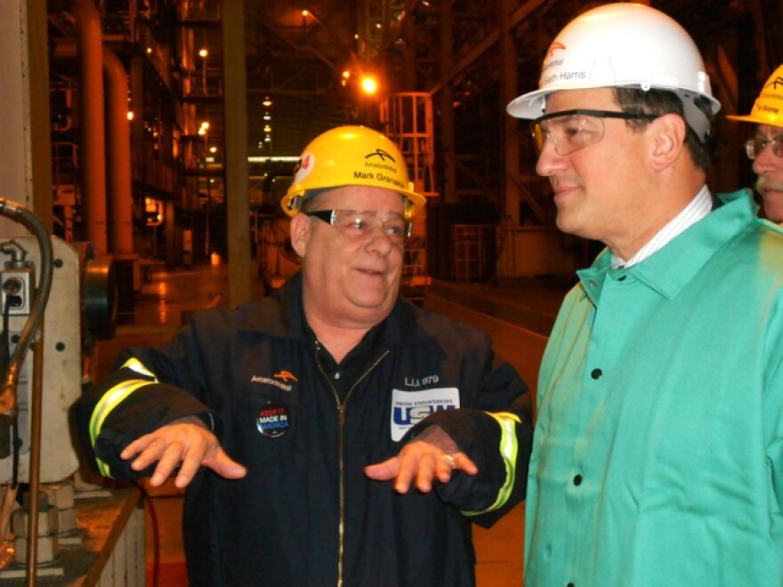 Asst. Secretary of Labor Seth Harris (right) at ArcelorMittal visiting with steelworkers (pic by Brian Bull)