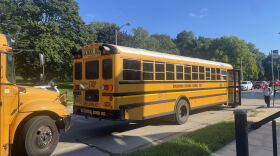 School buses line up outside Milwaukee Parkside School for the Arts on Sept. 23, 2026. Most standard size buses have 70-80 gallon fuel tanks.