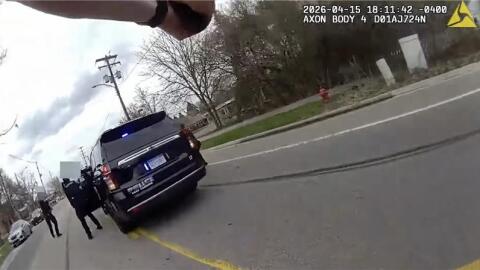 A still from the body camera footage of an East Lansing Police Department officer responding to a stabbing incident on April 15, 2026.