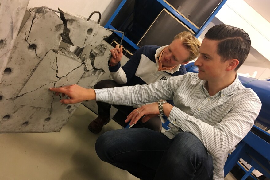 Vegard Aune (right), an associate professor in structural engineering, and Henrik Granum, a Ph.D. candidate at the Norwegian University of Science and Technology in the city of Trondheim, test the impact of simulated explosions on materials such as concrete.