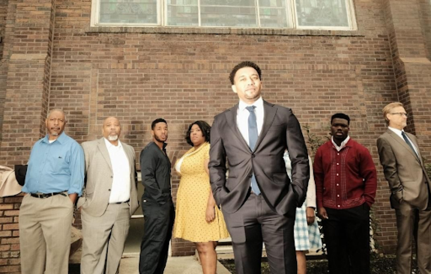 Wes Frazier (front), who stars as Minister Fletcher, is joined by the rest of the cast of Soul Rep Theatre Company's "Travisville."