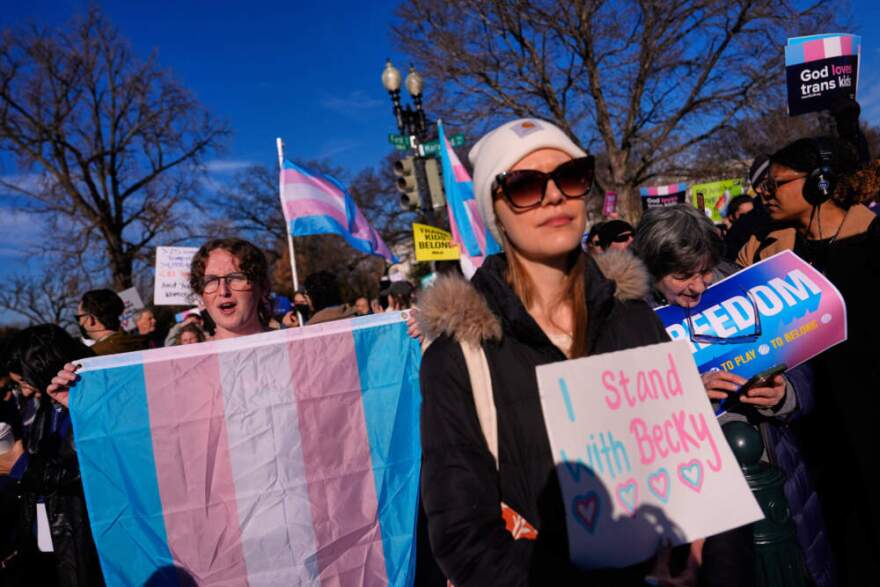 Protesters gather outside the Supreme Court as it hears arguments over state laws barring transgender girls and women from playing on school athletic teams, Tuesday, Jan. 13, 2026, in Washington. (Julia Demaree Nikhinson/AP)