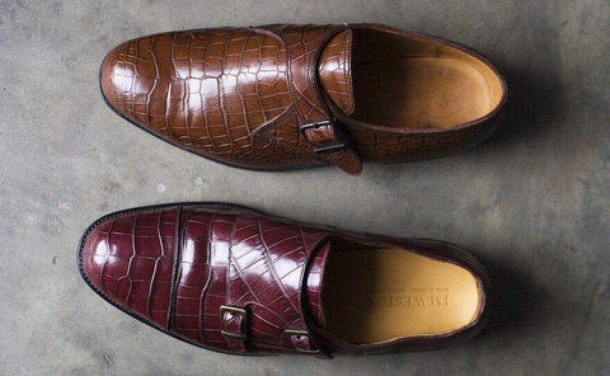 Andre Nkolo is a <em>sapeur</em> who has lived in France for 15 years. Shoes are his passion, and he has more than 30 pairs. This is his crocodile collection: a pair of "double boucle" Weston, a pair of "one boucle" Weston, sandals by Dolce Gabbana and another very exclusive one.
