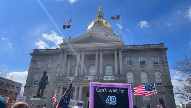 Crowds gathered in front of the State House in Concord to protest the Trump administration as part of the nationwide No Kings movement on March 28, 2026.
