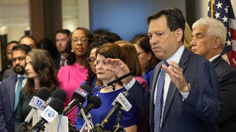 State Senate majority leader Sen. Scott Surovell D-Fairfax, right, gestures during a press conference at the Capitol, Wednesday Jan. 10, 2024, in Richmond, Va.