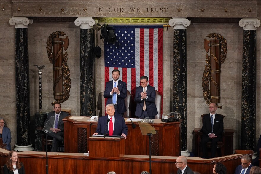 President Donald Trump delivers the State of the Union address to a joint session of Congress in the House chamber at the U.S. Capitol in Washington, Tuesday, Feb. 24, 2026, as Vice President JD Vance and House Speaker Mike Johnson of La., listen.