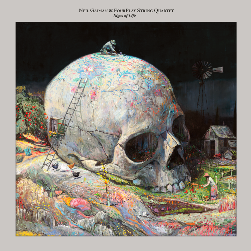 Cover art from a music album shows a miniature man working on top of a gigantic skull while another person stands at ground level.