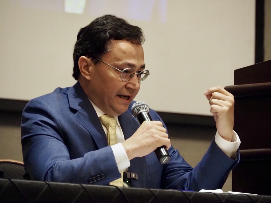 Principal Chief of the Cherokee Nation Chuck Hoskin Jr. addresses a meeting of the United Indian Nations of Oklahoma on March 20, 2025 in Catoosa.