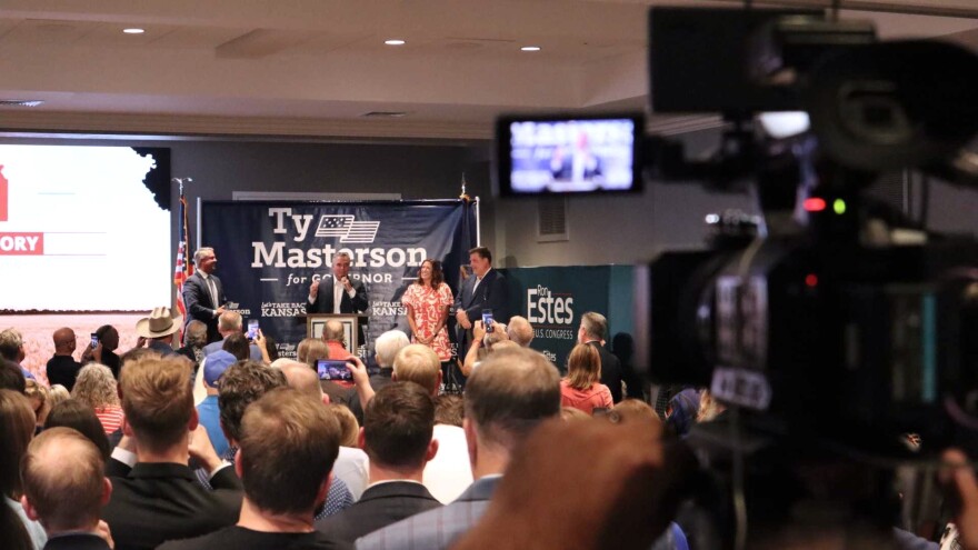 Kansas Senate President Ty Masterson speaks to a crowd at a watch party Aug. 4, 2026, in Wichita after securing the Republican Party’s nomination for governor. Democratic state Sen. Cindy Holscher is that party’s gubernatorial nominee.