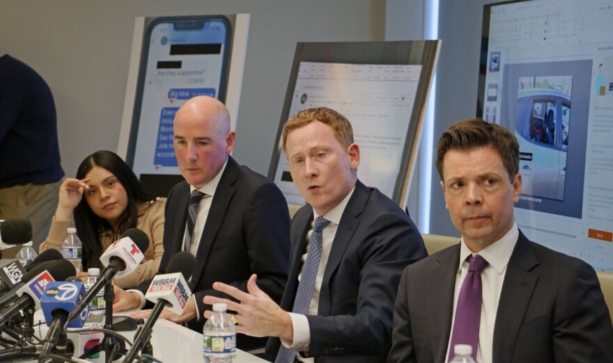 Marimar Martinez and her attorneys present recently unsealed evidence from her trial at a Feb. 11, 2026, news conference. Martinez’s legal team announced at the event that they would be filing a Federal Torts Claim Act complaint later that day, the first step toward a civil suit against the Border Patrol agent who shot Martinez five times in October.
