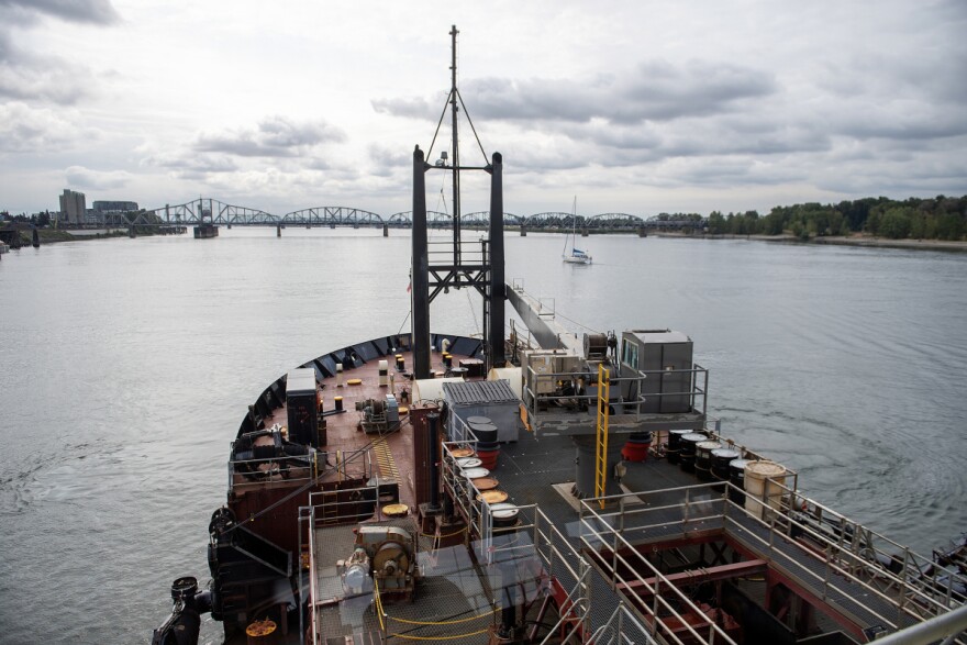 The Yaquina dredging vessel works along the Columbia River on Aug. 15, 2024.
