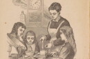 Artistic sketch of a woman teaching three girls how to cook.
