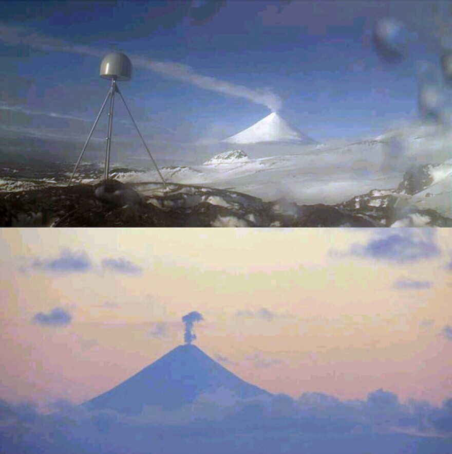 Shishaldin lets off steam on day one of its eruption in January 2014, and again in early December. (Credit: Janet Schaefer/Levi Musselwhite, AVO)
