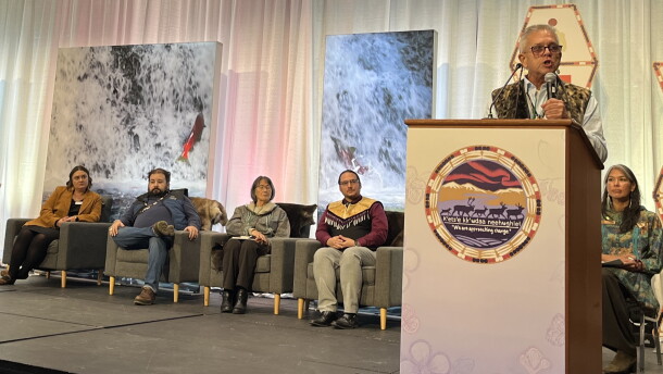 Ethan Petticrew talks about the benefits of culturally grounded education during a panel at the Elders and Youth Conference, Oct. 20, 2026 in Anchorage.
