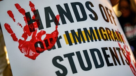 FILE: Protesters gather to demand the return of Esdrás, a rising Junior at Wilbur Cross High School in New Haven, on July 30, 2025. Esdrás was detained by ICE while at work the week before.