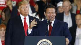 FILE- In this Nov. 3, 2018 file photo President Donald Trump stands behind gubernatorial candidate Ron DeSantis at a rally in Pensacola, Fla. (AP Photo/Butch Dill, File)