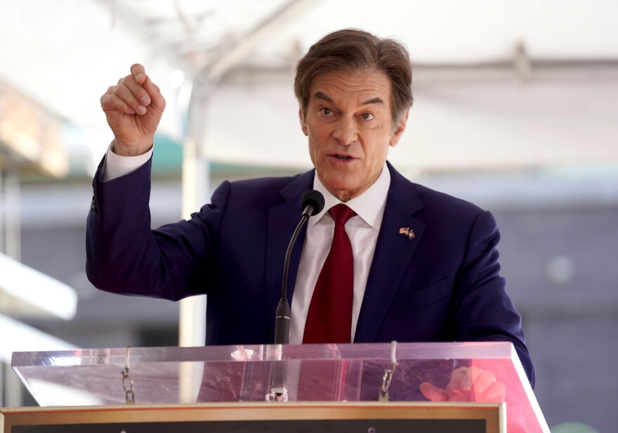Mehmet Oz, the former host of "The Dr. Oz Show," speaks during a ceremony honoring him with a star on the Hollywood Walk of Fame on Friday, Feb. 11, 2022, in Los Angeles.