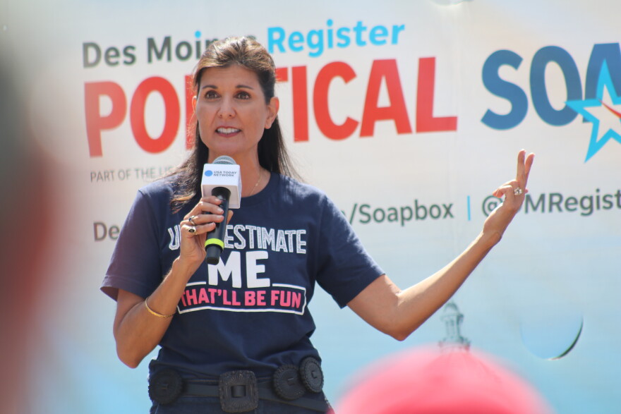 Nikki Haley speaks on Aug. 12, 2023 at the Iowa State Fair.
