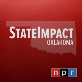 Red square with outline of Oklahoma and StateImpact Oklahoma superimposed with NPR logo in lower right corner.