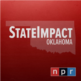  Red square with outline of Oklahoma and StateImpact Oklahoma superimposed with NPR logo in lower right corner.