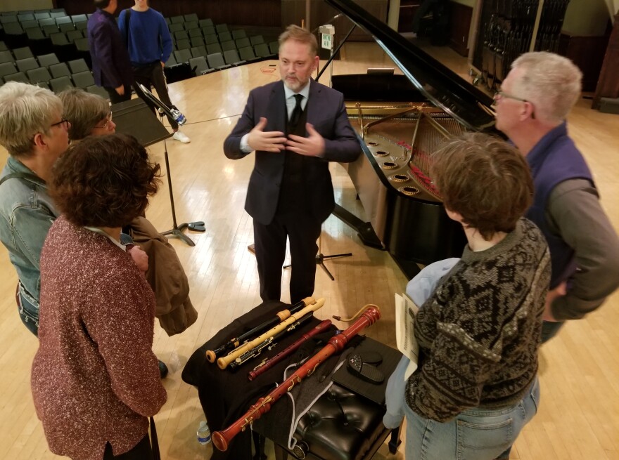 António Carrilho on stage at Hochstein with the members of the Rochester Chapter of the American Recorder Society