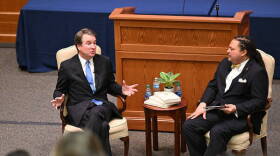 U.S. Supreme Court Justice Brett Kavanaugh, left, with Notre Dame Law School Dean G. Marcus Cole in 2023.