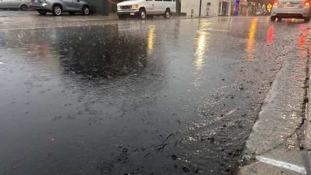 Soggy streets in downtown Asheville Tuesday morning as heavy rain