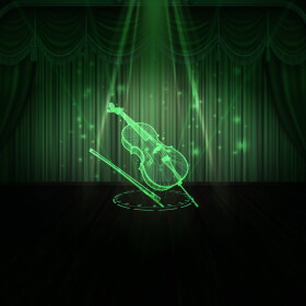 futuristic illustration of a cello being projected on a dark stage in neon green light