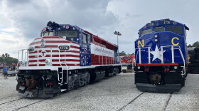 two trains in patriotic designs