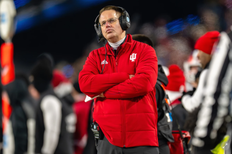 Indiana head coach Curt Cignetti looks on during the first half of an NCAA college footballl game against Purdue, Friday, Nov. 28, 2025 in West Lafayette, Ind.