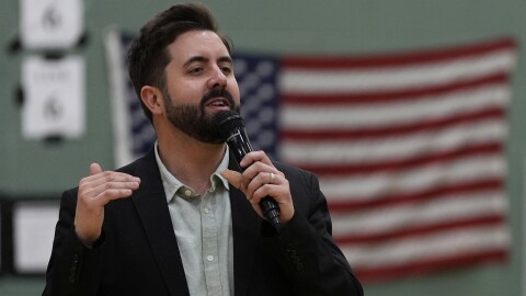 River Church Cincinnati pastor Cory Bowman, who is Vice President JD Vance's half brother and Cincinnati mayoral candidate, preaches during Easter worship service in the Hays Porter Elementary School gym Sunday, April 20, 2025, in Cincinnati.
