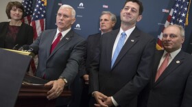 From left, Rep. Cathy McMorris Rodgers, R-Wash., chair of the House Republican Conference, Vice President-elect Mike Pence, House Majority Leader Kevin McCarthy of Calif., House Speaker Paul Ryan of Wis., and House Majority Whip Steve Scalise of La., meet with reporters on Capitol Hill in Washington (J.Scott Applewhite/AP)