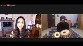 On the left, Revolutionary Love Project Founder Valarie Kaur. On the right, Indiana University undergraduate student Mokhm Singh plays the tabla for a virtual audience at Thursday's online vigil.