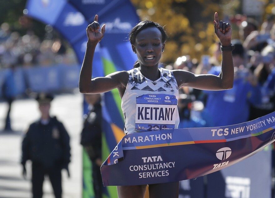 Mary Keitany of Kenya is first to finish the women's NYC Marathon.