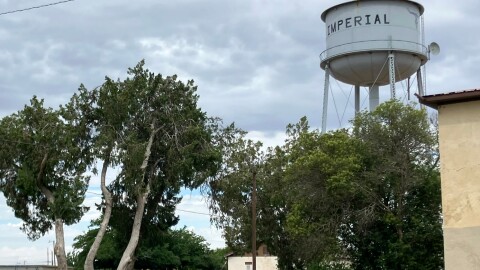 A water tower looms over the small town of Imperial in Pecos County, Texas, where for years drinking water has had excess radium.