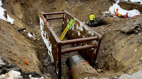 A water main on Thomaston Avenue in Waterbury currently under repair following a break earlier this month.