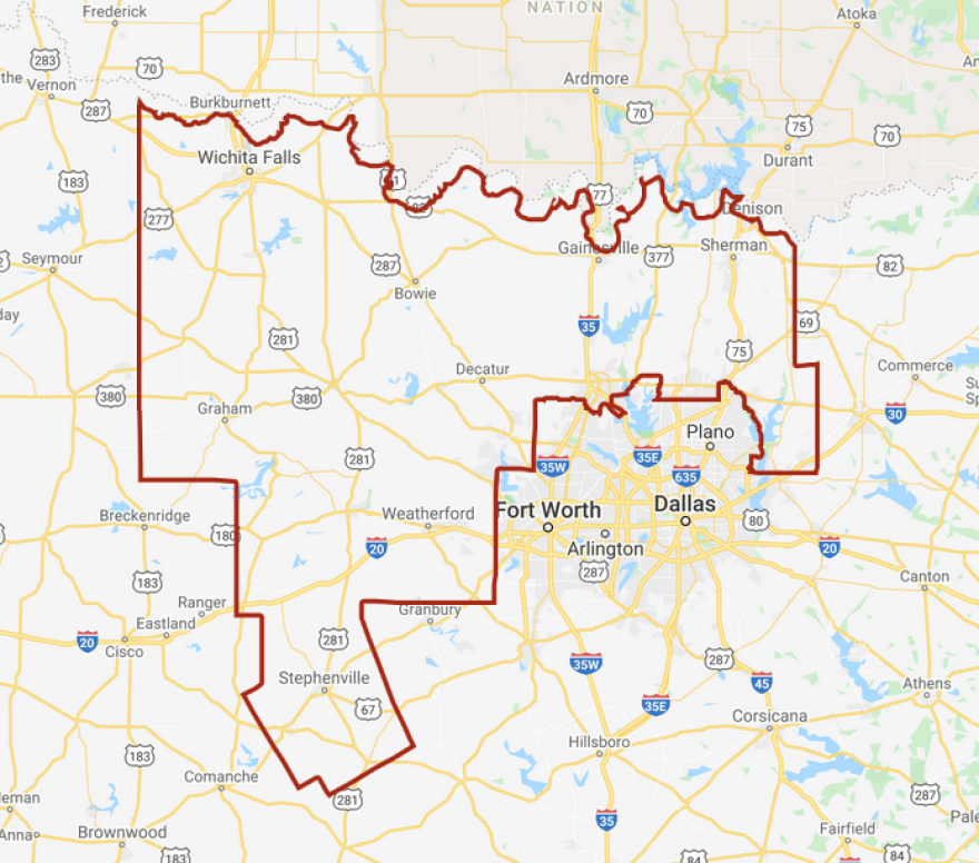 Red outline on Google map showing Texas State Senate District 30.