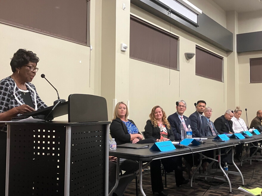 Bonnie Ballard (left), president of the Rock Island County branch of the NAACP, spoke at the end of the candidate forum held Tuesday night, Oct. 13, 2026 at the King Center, Rock Island.