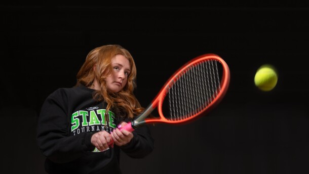 North Star Student, Ronnie Noska, hits a tennis ball in the gym at Staples-Motley High School on Jan. 29, 2026, in Staples.