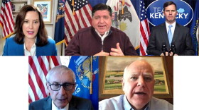 (Clockwise from top left) Michigan Gov. Gretchen Whitmer, Illinois Gov. JB Pritzker, Kentucky Gov. Andy Beshear, Minnesota Gov. TIm Walz and Wisconsin Gov. Tony Evers hold a virtual joint news conference Tuesday to urge all their residents to take precautions against spreading COVID-19 over the upcoming Thanksgiving Day holiday.