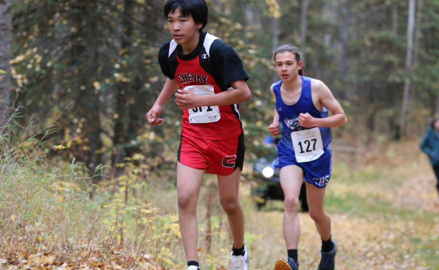 Runners compete at the ASAA cross-country running state championships in Anchorage on Oct. 3, 2026.