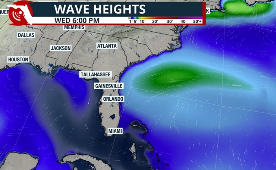 Expected wave height map showing an uptick in activity off the coast of the Carolinas.