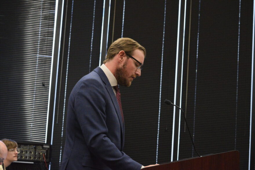 Tyler Banks, chief of capital and habeas litigation for the Indiana attorney general’s office, presents arguments against Jeffrey Weisheit’s clemency request on Oct. 19, 2026, in Indianapolis. Banks urged officials to uphold the death sentence for the murders of Alyssa and Caleb Lynch.