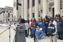 Springfield City Council President Tracye Whitfield speaks on the steps of Springfield City Hall on Monday, Feb. 16, 2026, with supporters behind her.