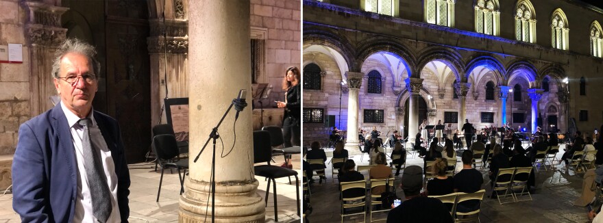 Left: Damil Milat is the manager of the Dubrovnik Symphony Orchestra, which has given live performances outdoors for the city's residents during the pandemic. Right: The Dubrovnik Symphony Orchestra invites young performers from the local community to perform with them, with parents in the audience.