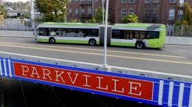 A CT Fastrak bus crosses over the bridge in the Parkville section of Hartford. October 27, 2023.