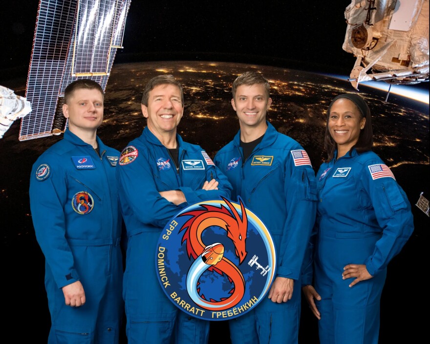  (Oct. 4, 2023) — Official SpaceX Crew-8 portrait with Roscosmos cosmonaut and Mission Specialist Aleksandr Grebenkin, and Pilot Michael Barratt, Commander Matthew Dominick, and Mission Specialist Jeanette Epps, all three NASA astronauts.